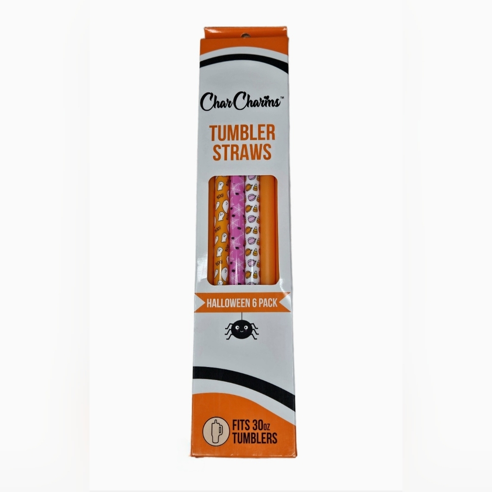 NWT Halloween Char Charms Reusable Tumbler Straws 6-Pack Orange/Pink 30oz